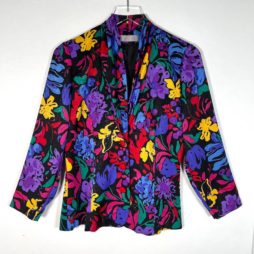 Vintage Madame Hanai Yukiko Japanese Blazer Jacket S Black Floral Print